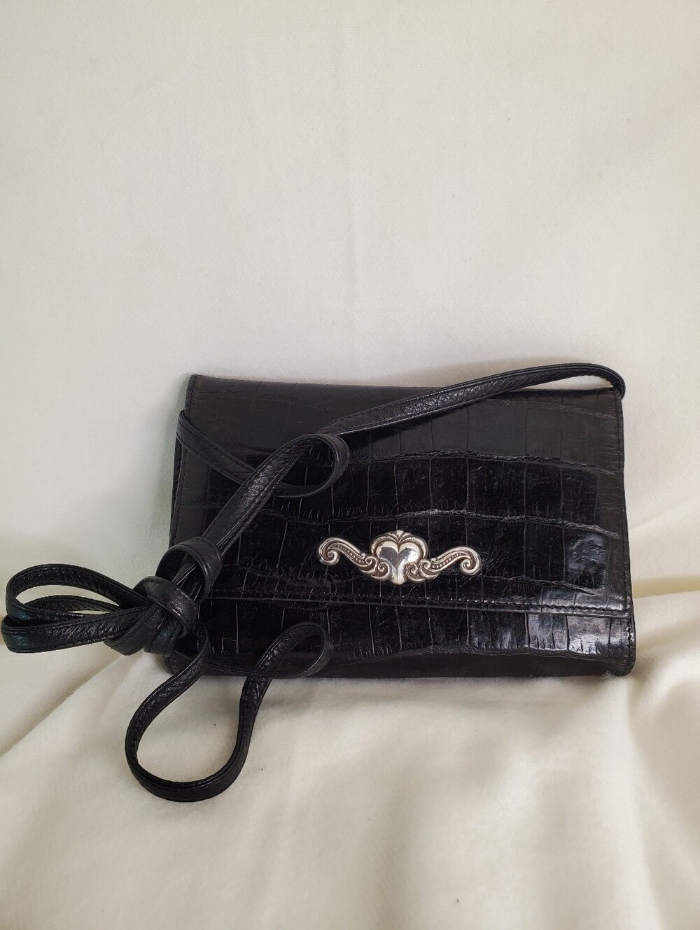 Brighton Black Croc Embossed Crossbody Bag with Heart Detail